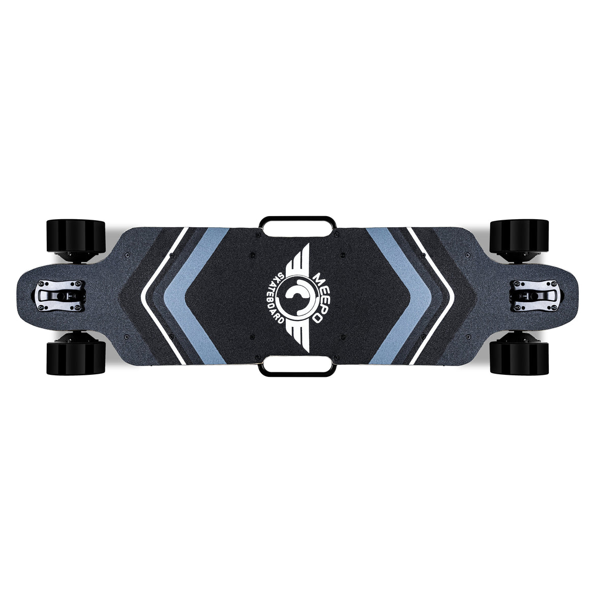 AWD Electric Skateboard - Top View with Grip Tape, Handles, Top of Wheels View
