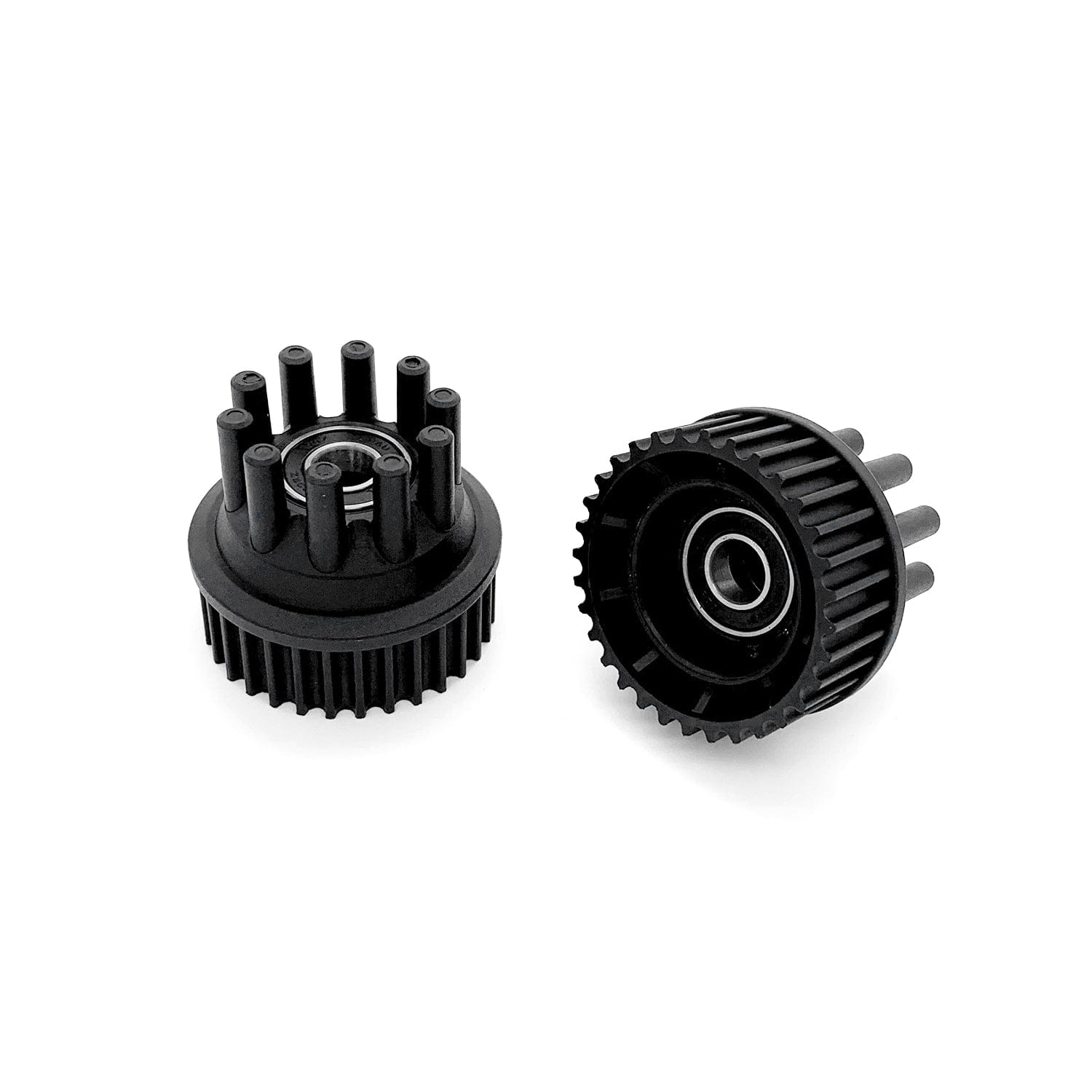 Durable black wheel pulleys for Meepo skateboards with precision-engineered bearings.