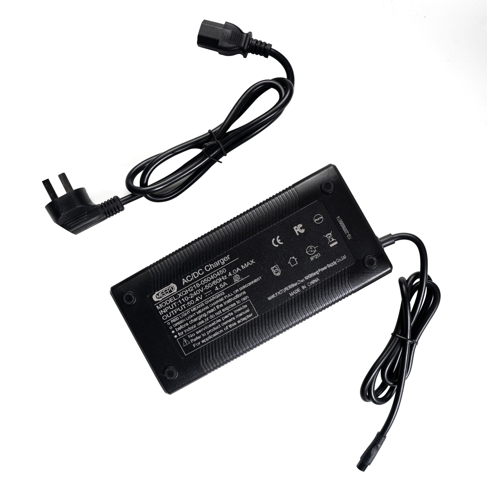 Meepo skateboard battery charger with AC power cable and output specifications.