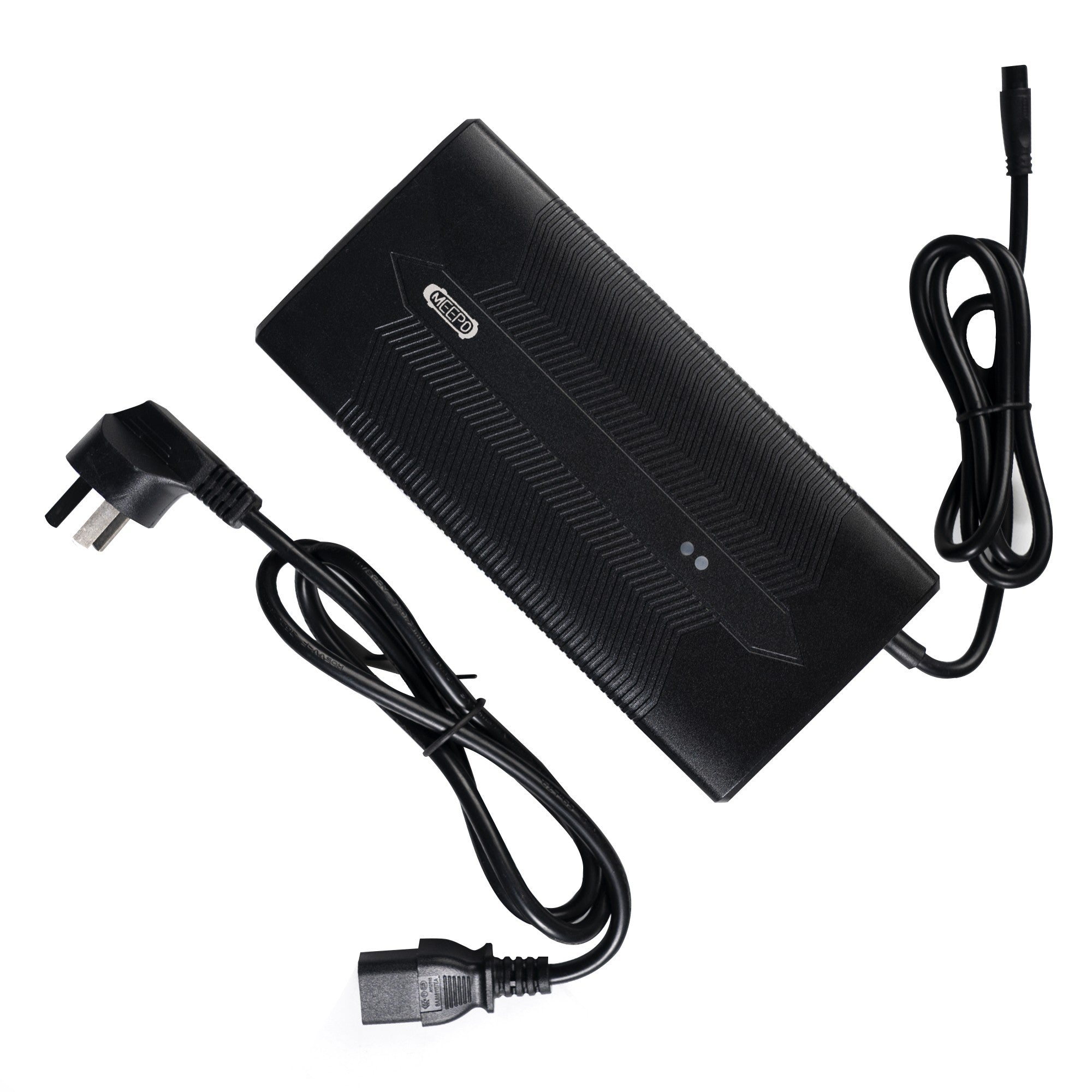 Meepo electric skateboard battery charger with power cable and connector for different models.