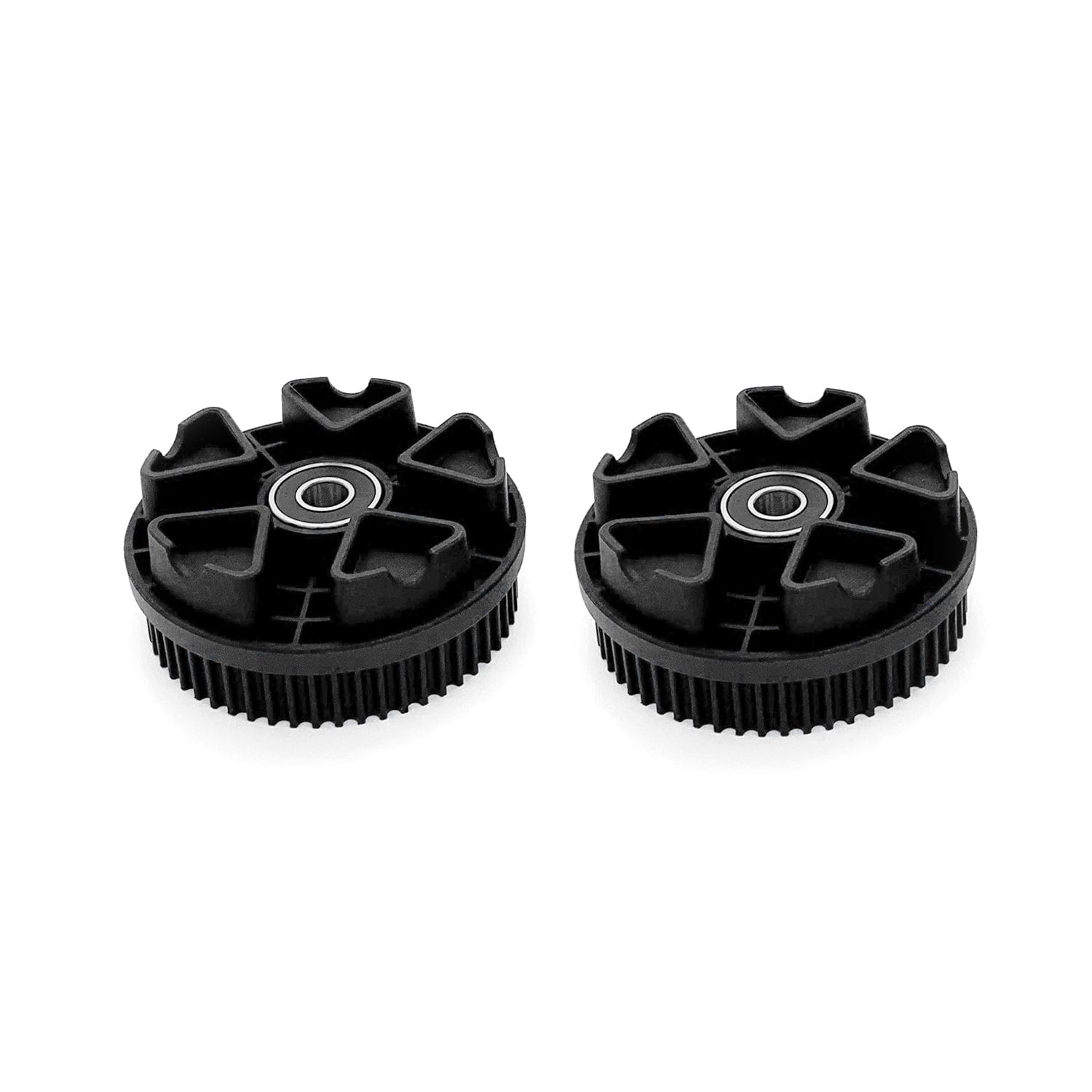 Black wheel pulleys for Meepo electric skateboards with precision bearings.
