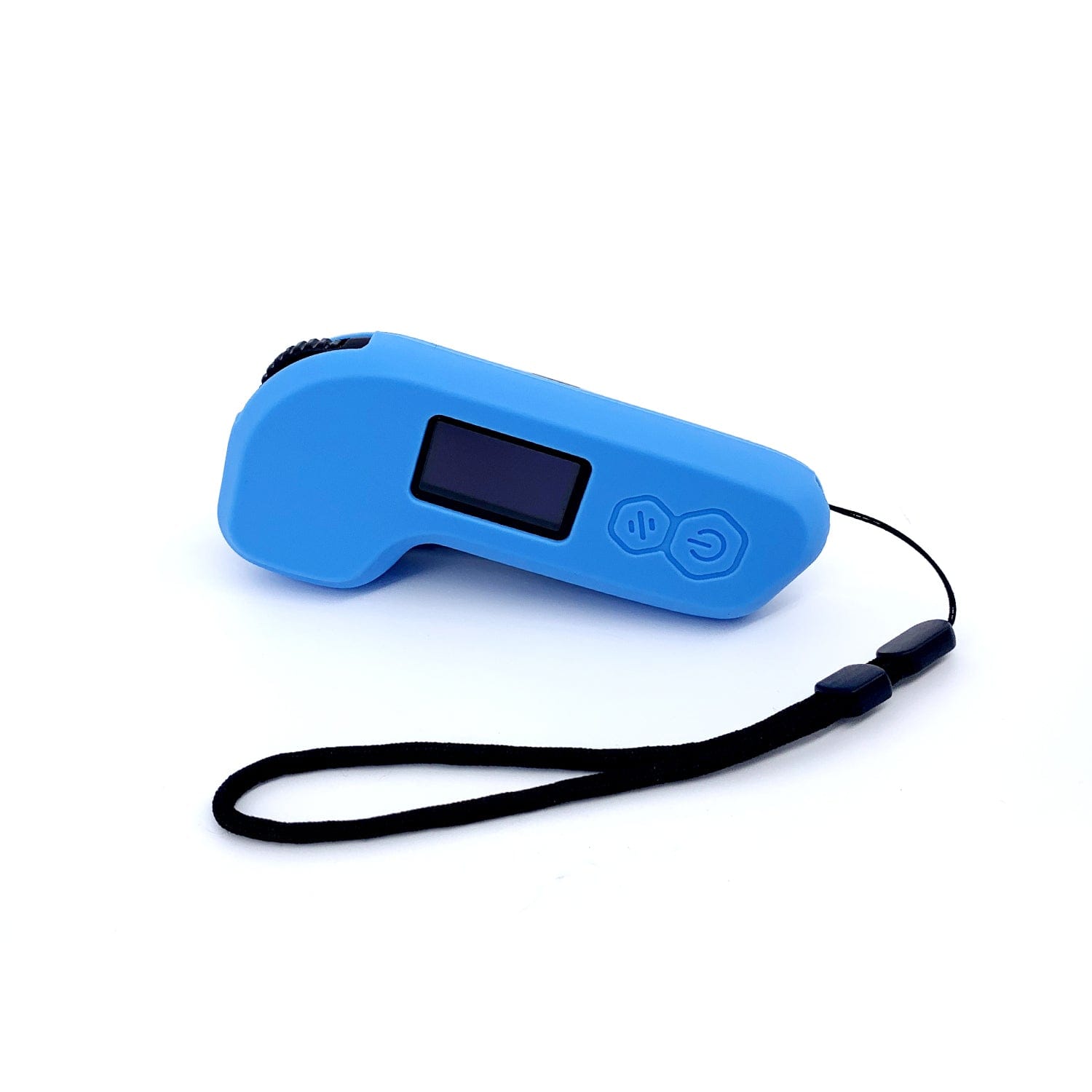 Blue silicone M4S Remote case with screen and buttons, includes lanyard.