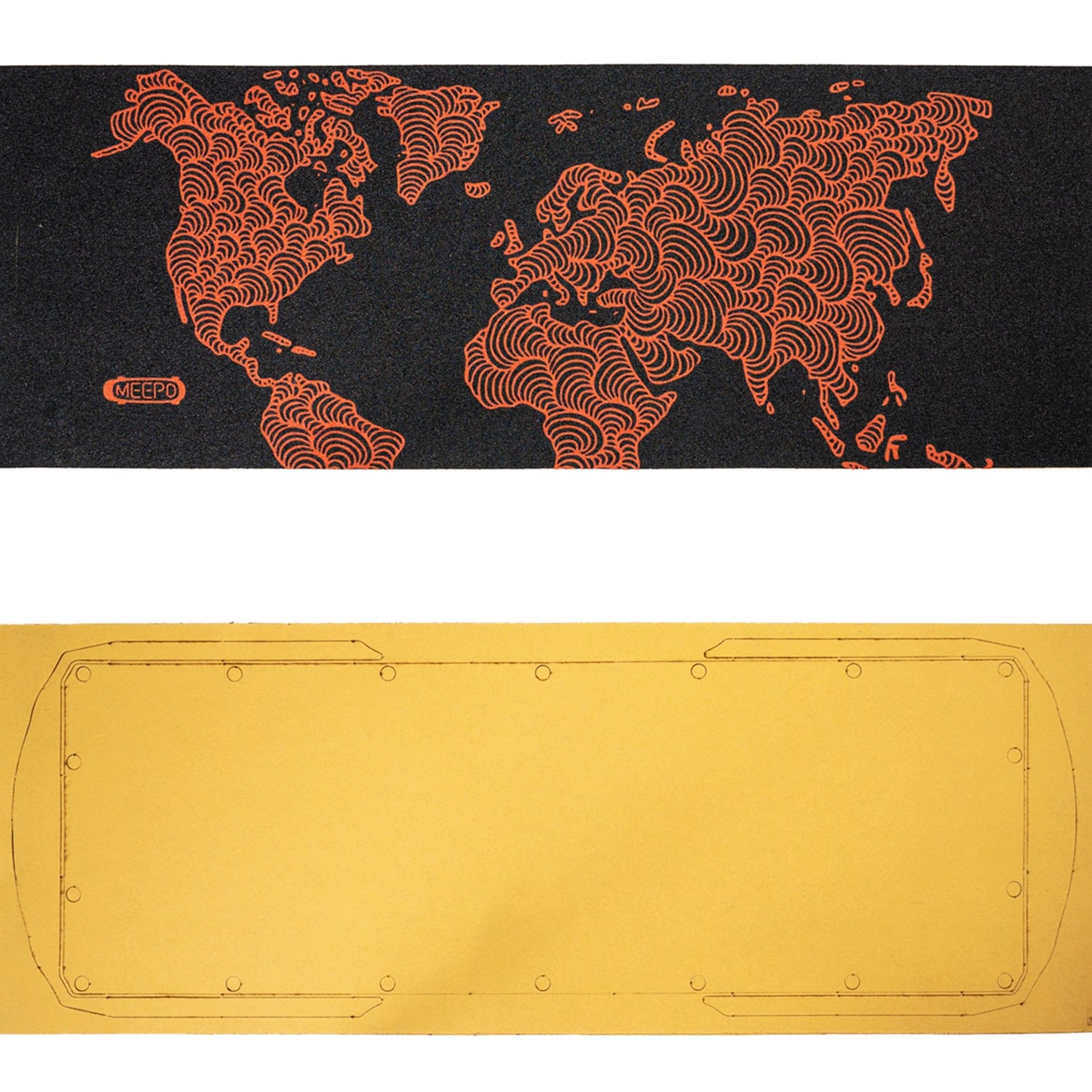 World map grip tape design in orange for Meepo Hurricane Series skateboard
