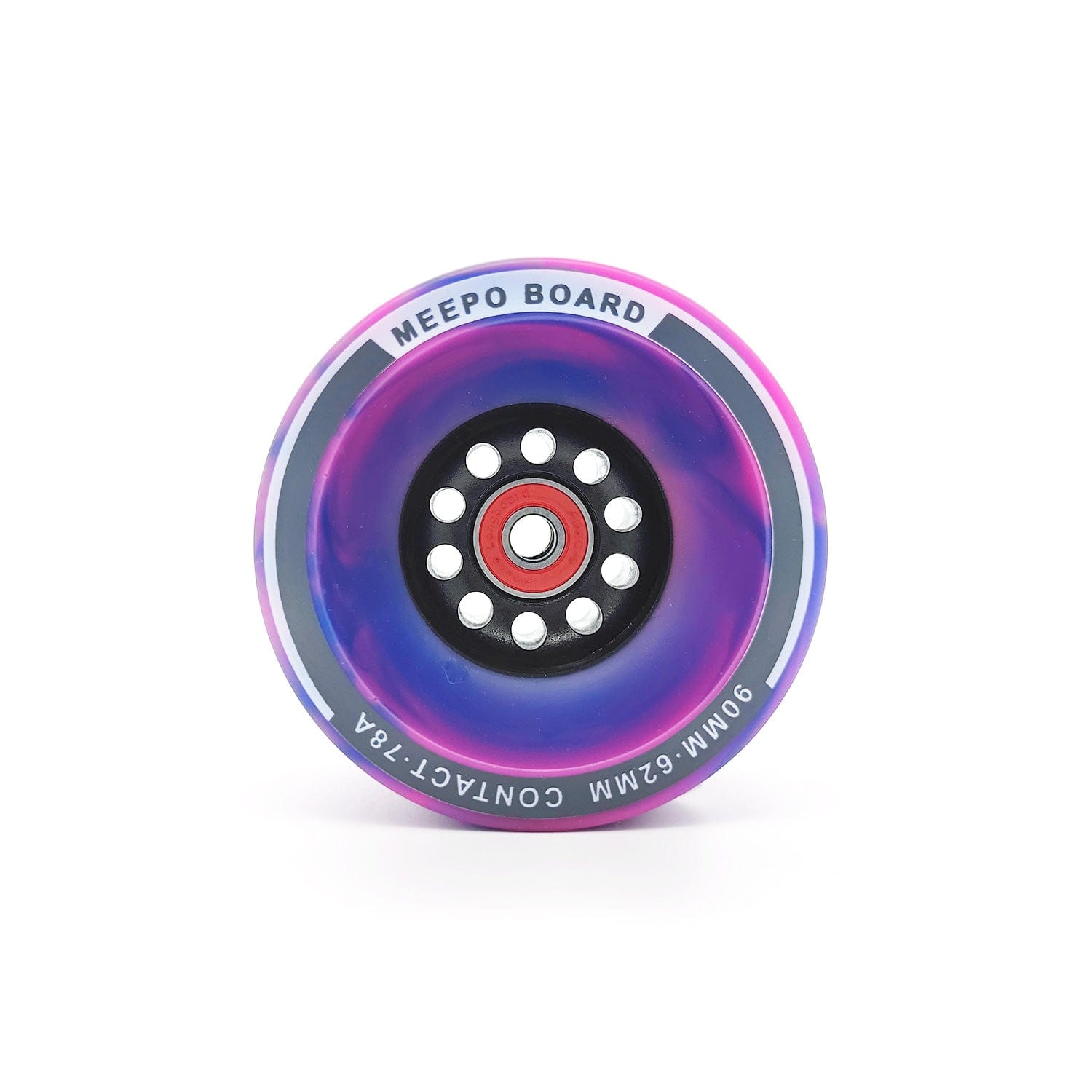 90mm purple Meepo skateboard front wheel with black and red bearings