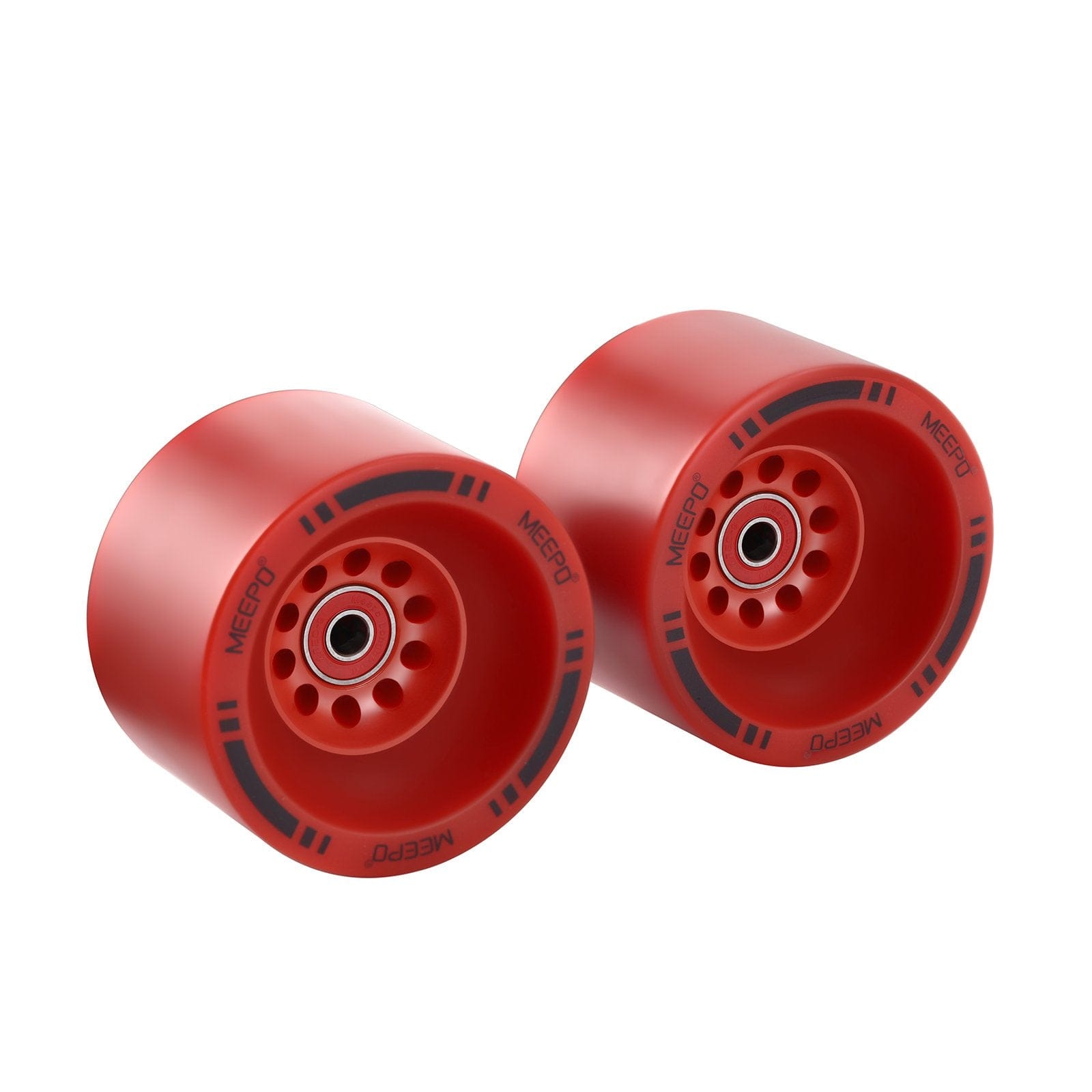 Pair of red 90mm skateboard wheels for Meepo electric skateboards.