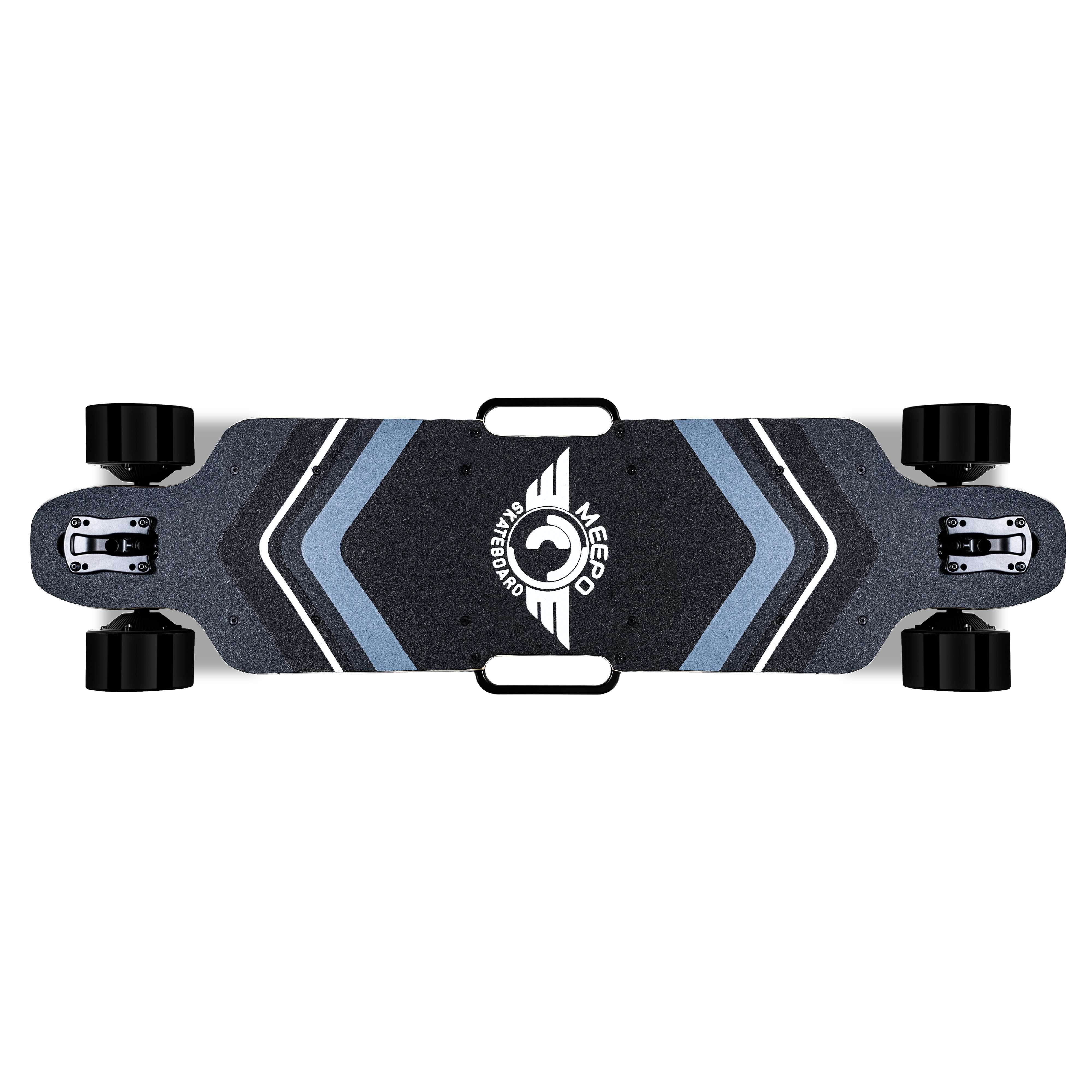 Meepo skateboard grip tape with sleek blue and gray geometric patterns.