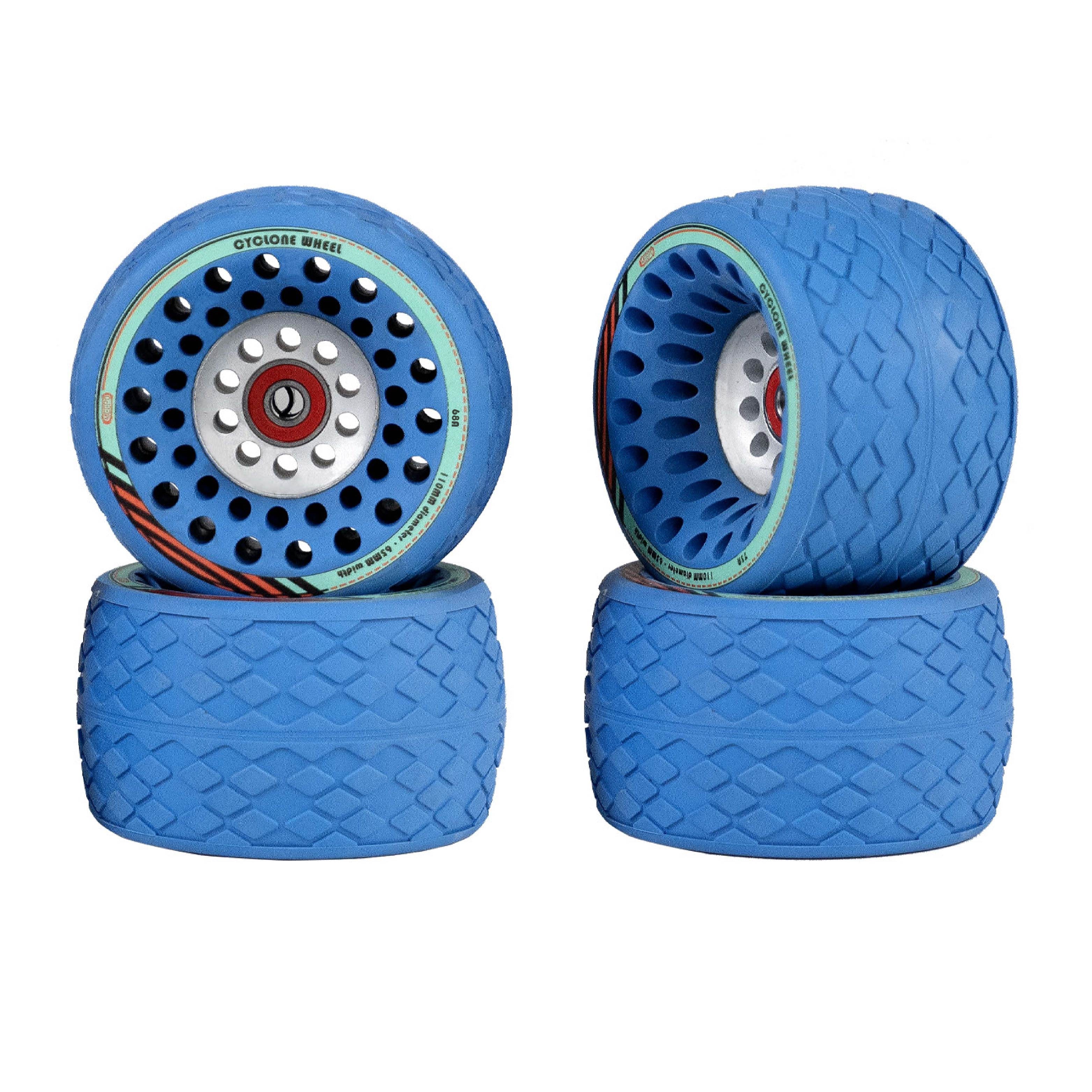 Meepo Cyclone 110s blue rubber wheels with high traction and distinctive tread pattern.