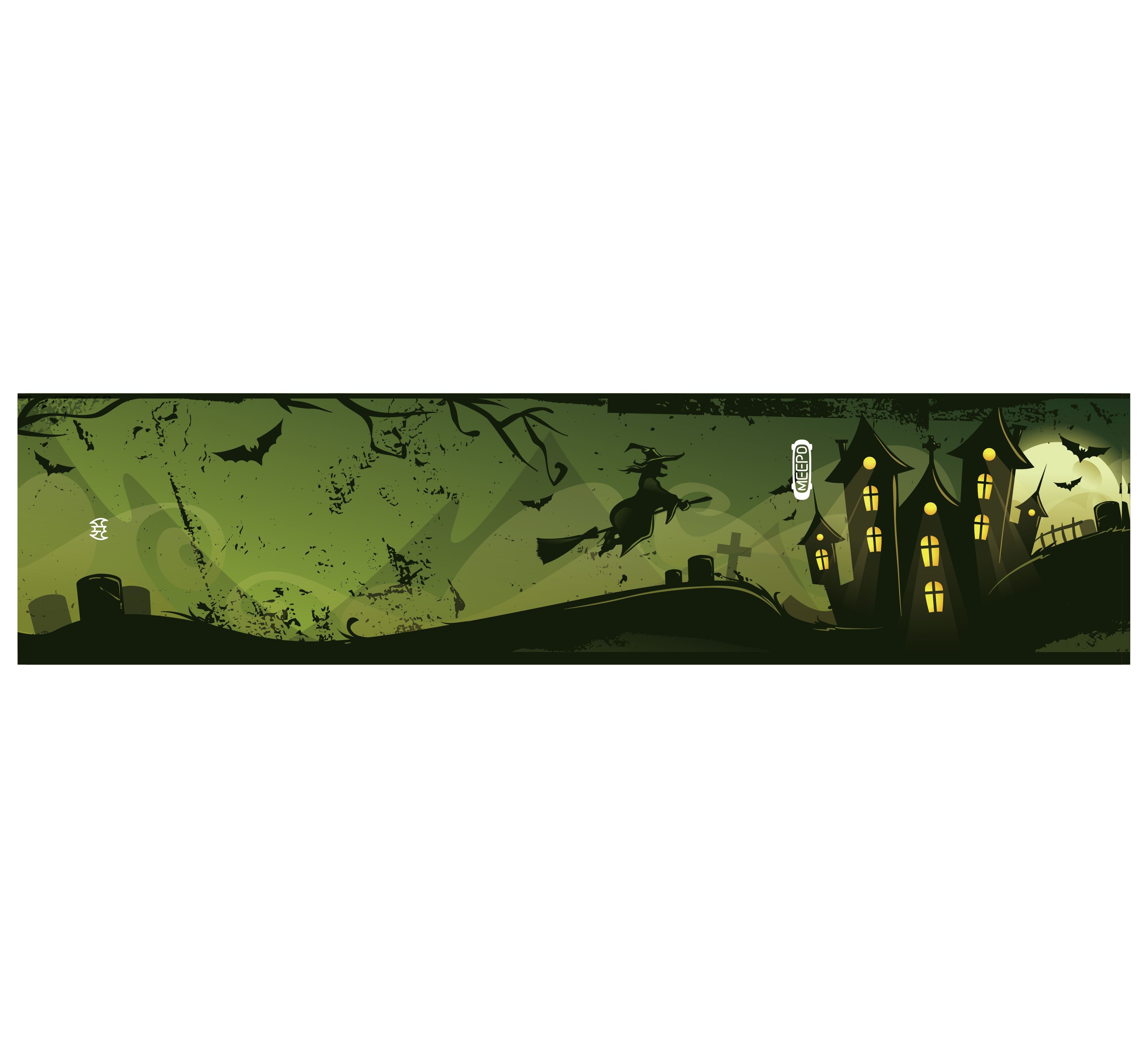 Halloween-themed grip tape with haunted house and bats design