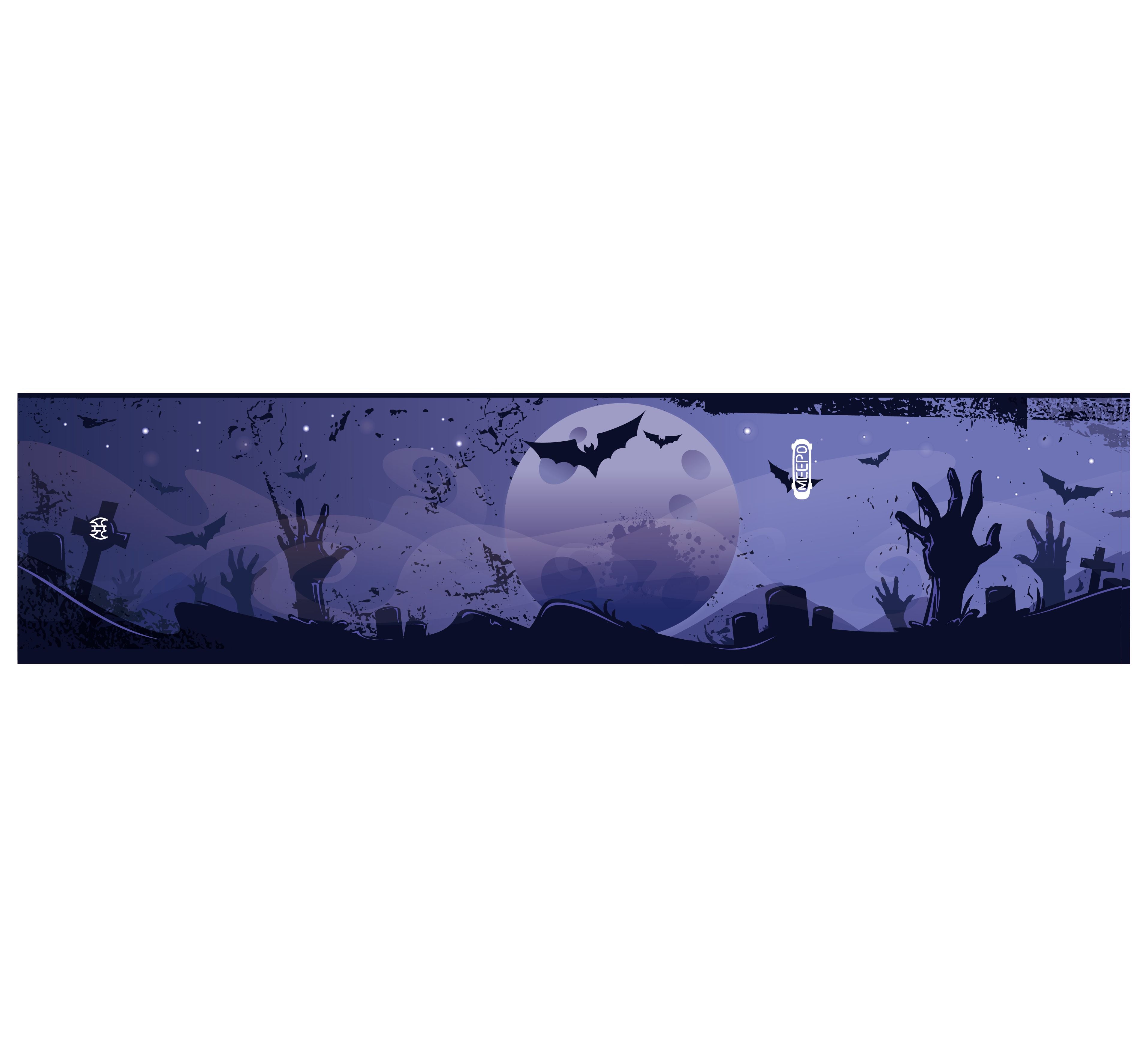 Spooky grip tape with graveyard scene and bats under a full moon