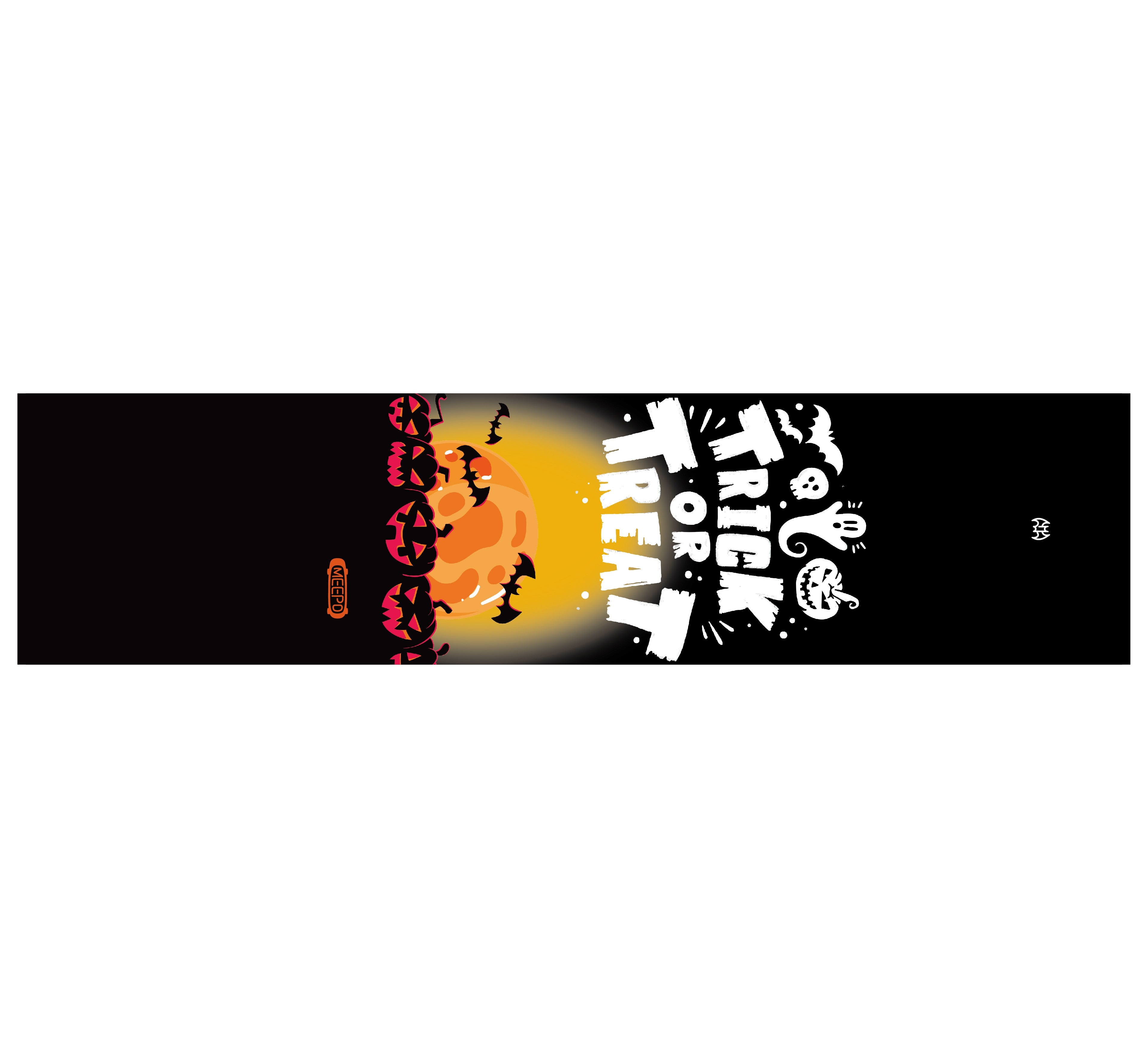 Halloween grip tape with 'Trick or Treat' text and bats against a moonlit background.