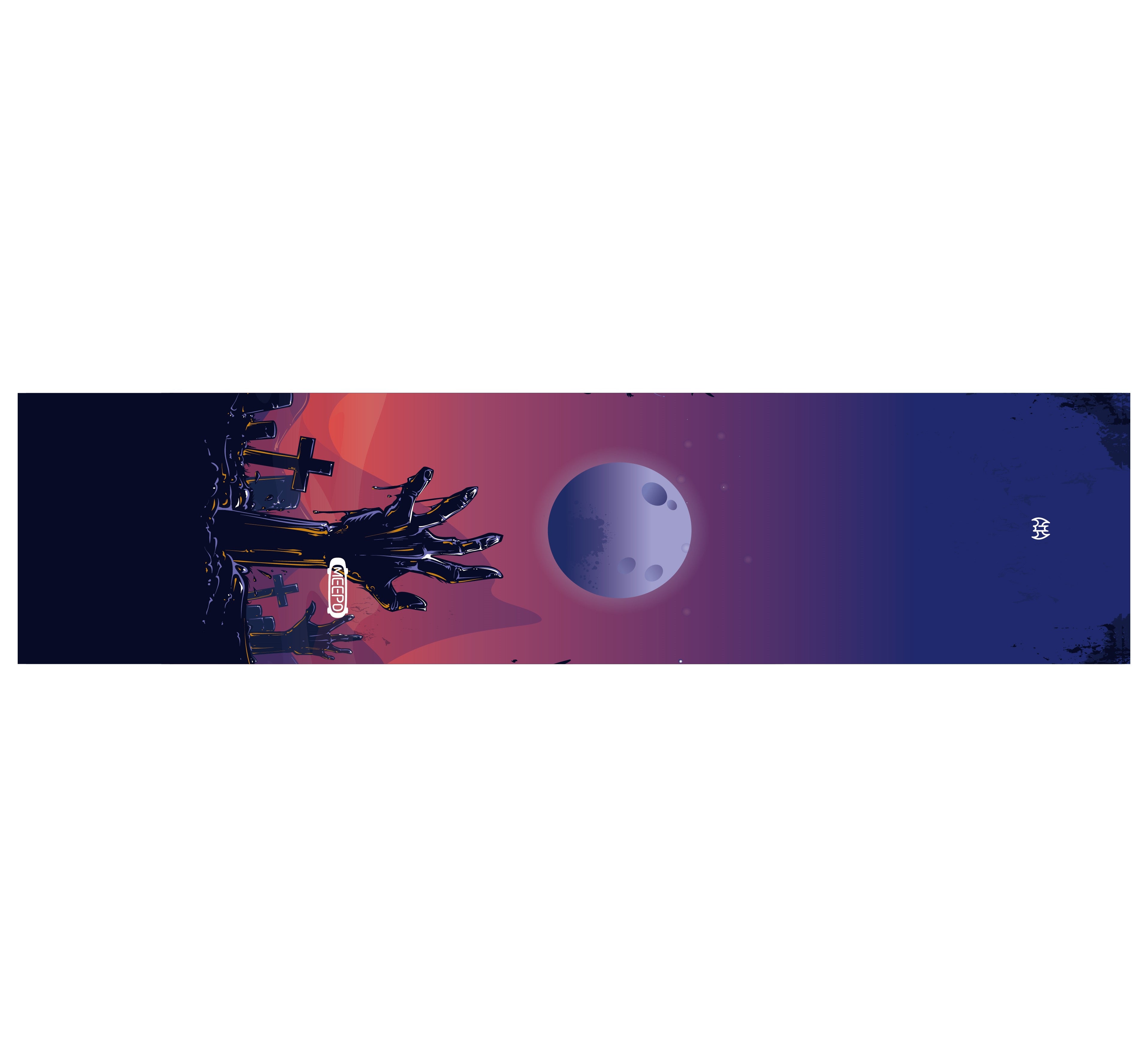 Graveyard grip tape with hands reaching up under a full moon and spooky landscape