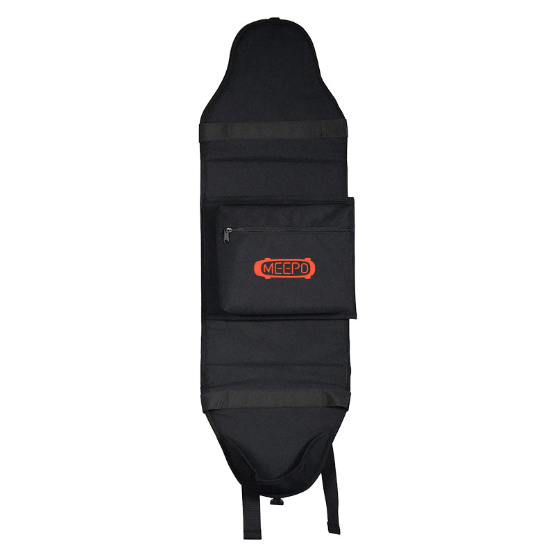 Black backpack designed for carrying Meepo electric skateboards with front pocket