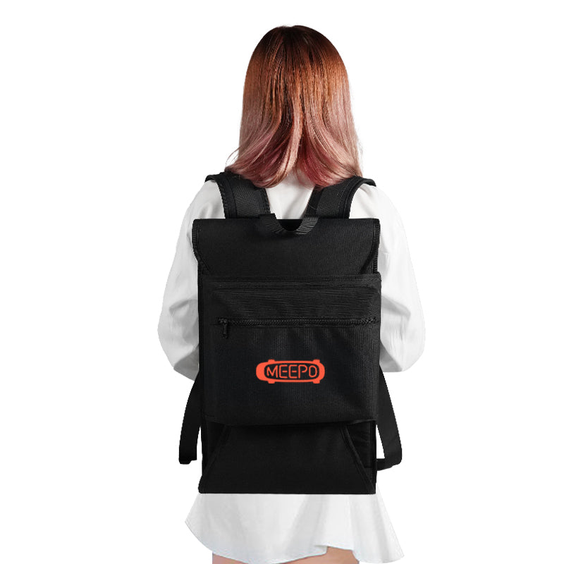 Black Meepo backpack with logo, designed for carrying electric skateboards.