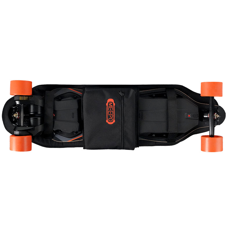 Black backpack designed to securely carry a Meepo electric skateboard.