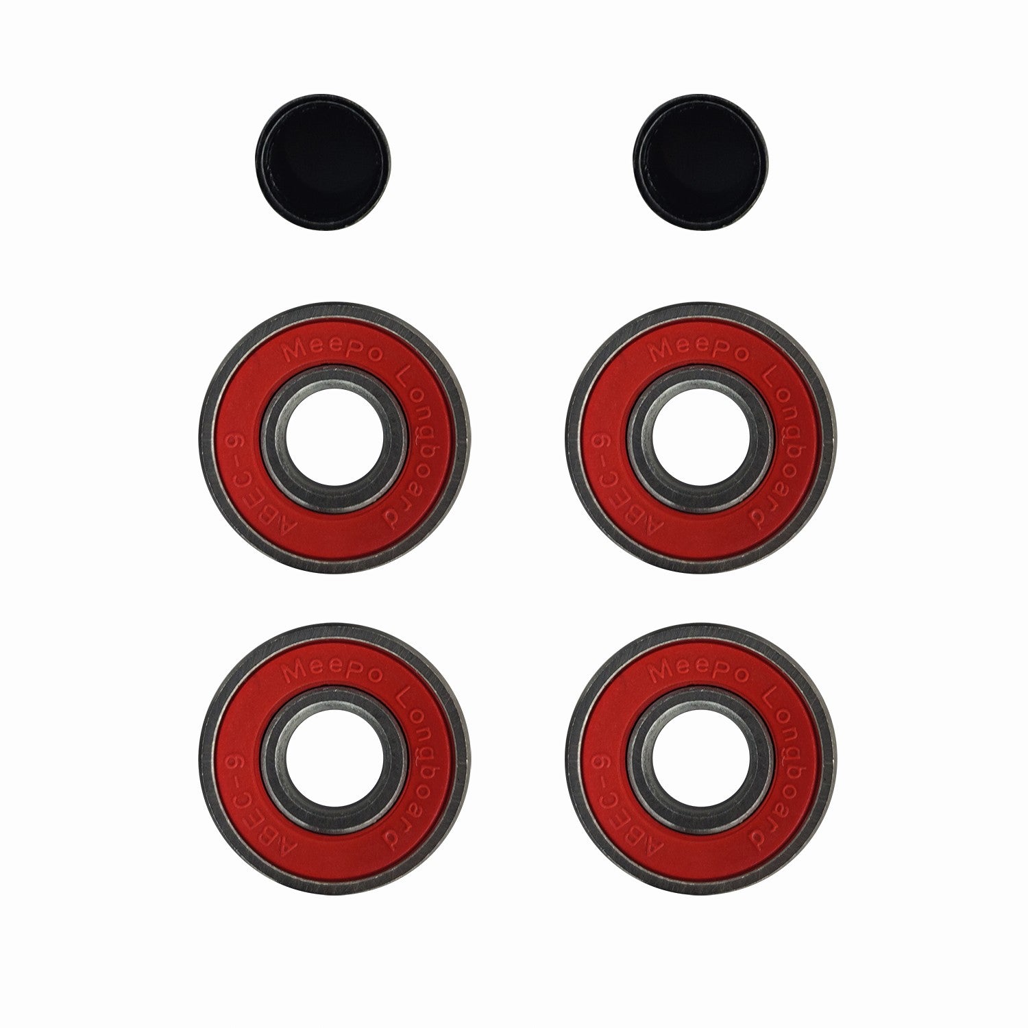 Meepo skateboard bearings set with four red bearings and two black spacers