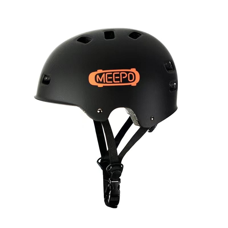 Meepo black helmet with orange logo, adjustable for various outdoor sports