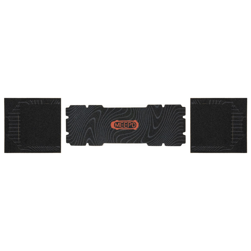 Meepo skateboard grip tape with logo for enhanced traction and style.
