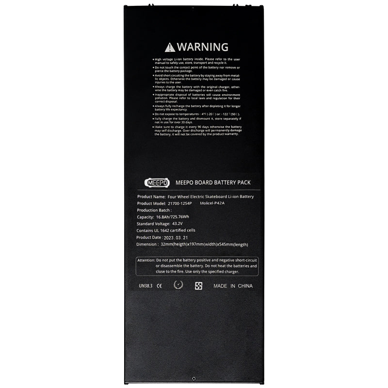 Meepo Board battery pack specifications and warning label