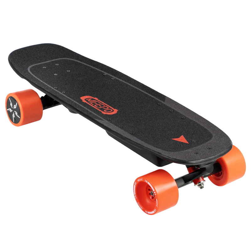 Meepo refurbished electric skateboard with matte black deck and orange wheels.