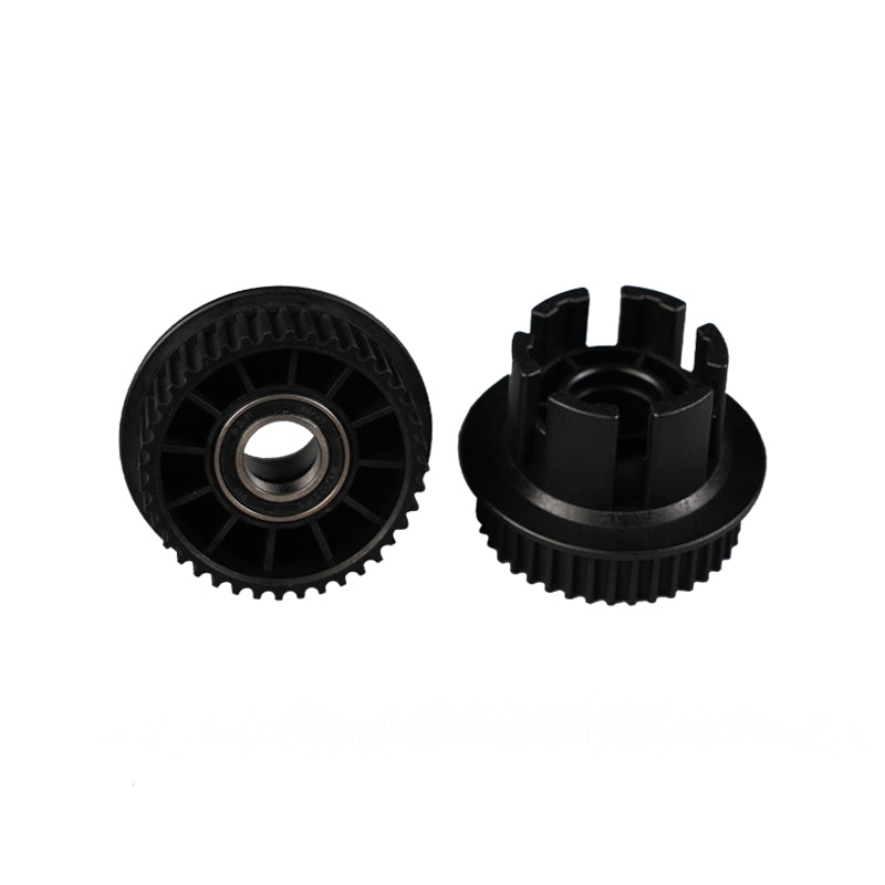 Black pulleys for Meepo electric skateboards, designed for optimal performance.