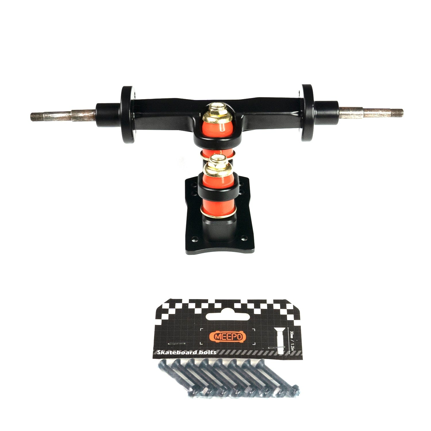 Meepo truck assembly with orange bushings and hardware for enhanced skate performance