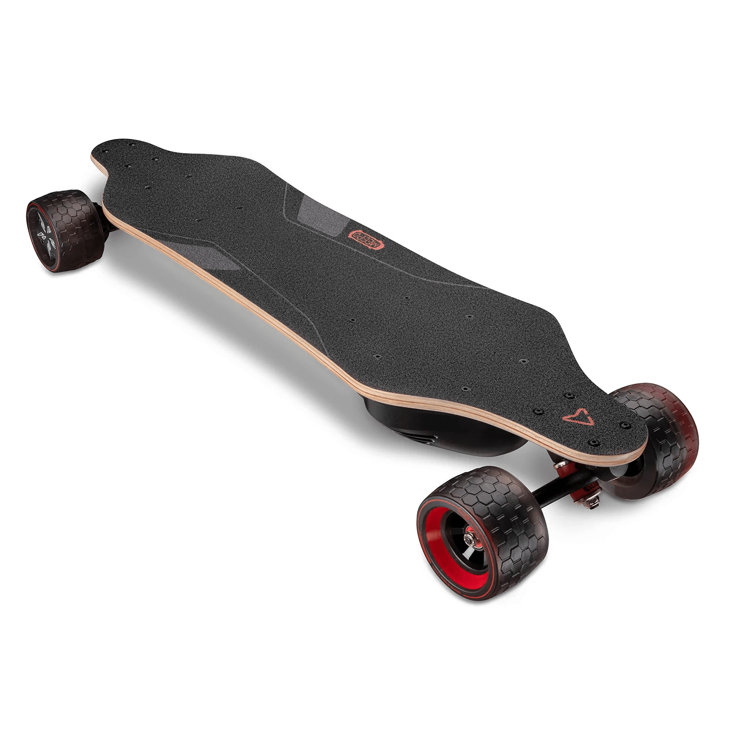 Meepo refurbished electric skateboard with textured black deck and red wheels