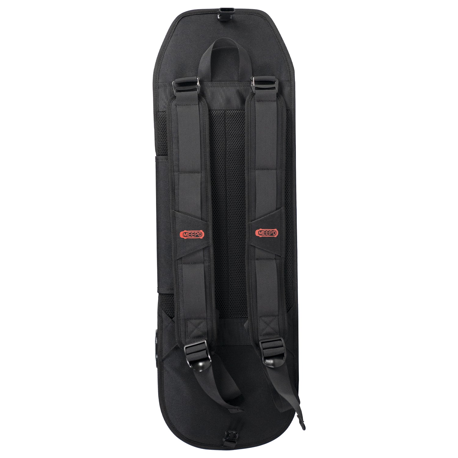 Back view of Meepo Mini series Skate Backpack featuring adjustable straps and breathable panel.