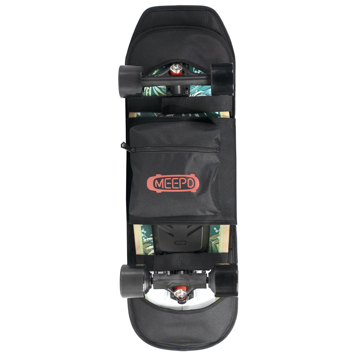 Top view of Meepo Mini skate backpack with skateboard secured and logo visible