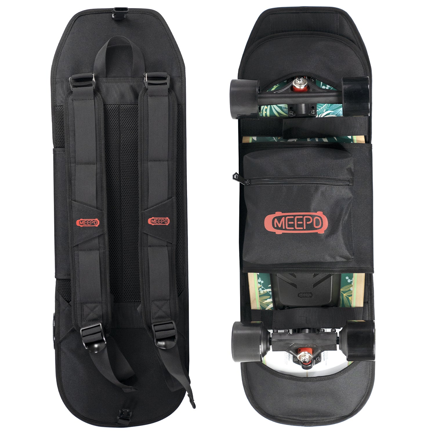 Compact Meepo Mini backpack with skateboard secured and adjustable straps