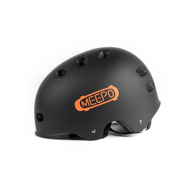 Meepo black helmet featuring orange logo, designed for outdoor sports safety.